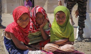 فتيات صغيرات في مخيم الضالع للنازحين من النزاع في اليمن.