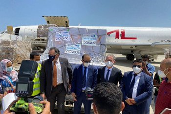 UN and Yemeni officials receive the first  COVID-19 vaccines supplied through COVAX at Aden international airport.
