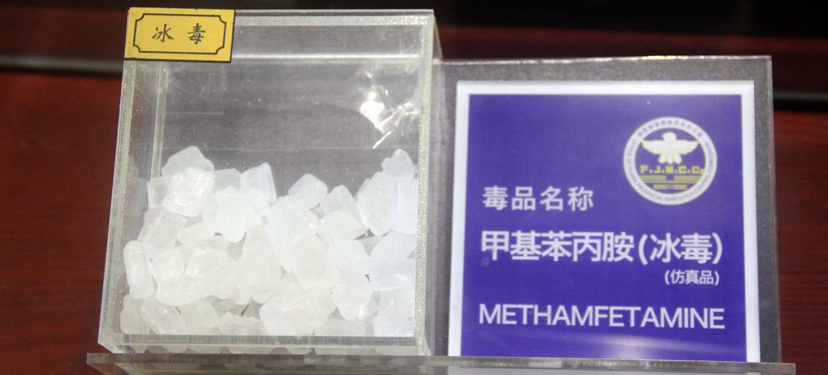 De la méthamphétamine saisie à Fuzhou, en Chine. Cette drogue reste la principale préoccupation surveillant le commerce illégal à travers l'Asie de l'Est et du Sud-Est, a déclaré l'ONUDC.