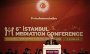 Secretary-General António Guterres (at podium) delivers opening remarks at the 6th Istanbul Mediation Conference in Turkey on 31 October 2019.