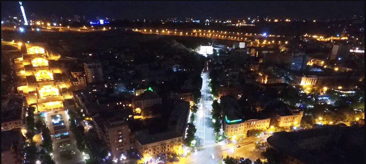 Armenian capital of Yerevan lit up at night.