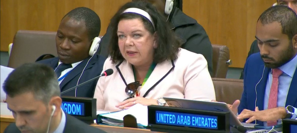 英国常驻联合国代表卡伦·皮尔斯（Karen Pierce）在联大第三委员会互动式对话上发言。