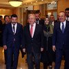 Secretary-General António Guterres (2nd left) and Turkish Foreign Minister Mevlut Cavusoglu (right) attend the Sixth Istanbul Mediation Conference, Turkey. (31 October 2019)