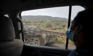An armoured vehicle is left abandoned on a road in Tigray, Ethiopia, on July 20, 2021.