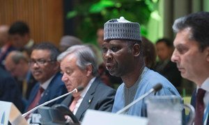 Tijjani Muhammad-Bande, presidente da 74ª sessão da Assembleia Geral das Nações Unidas, discursa na reunião de alto nível sobre Cobertura Universal de Saúde.