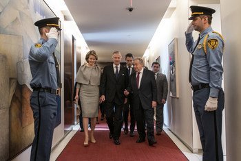 Le Secrétaire général de l'ONU, António Guterres, rencontre leurs Majestés le Roi et la Reine des Belges.