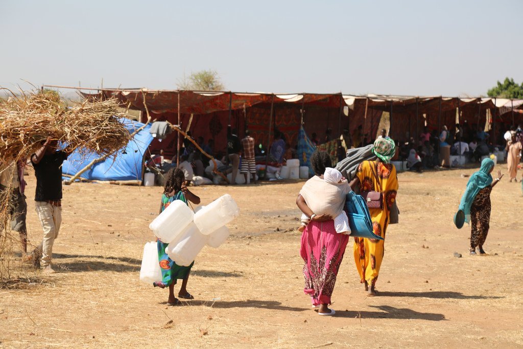 Des réfugiés du Tigré récemment arrivés en Éthiopie apportent des fournitures pour les aider à installer leur abri dans le camp de Raquba, à Kassala, au Soudan. 