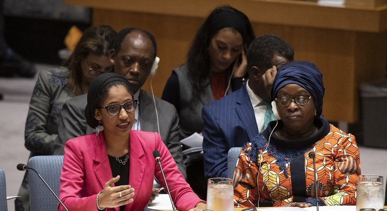 الناشطة السودانية الشابة آلاء صلاح في اجتماع مجلس الأمن الدولي حول المرأة والسلام والأمن: نحو التنفيذ الناجح لجدول الأعمال المتعلق بالمرأة