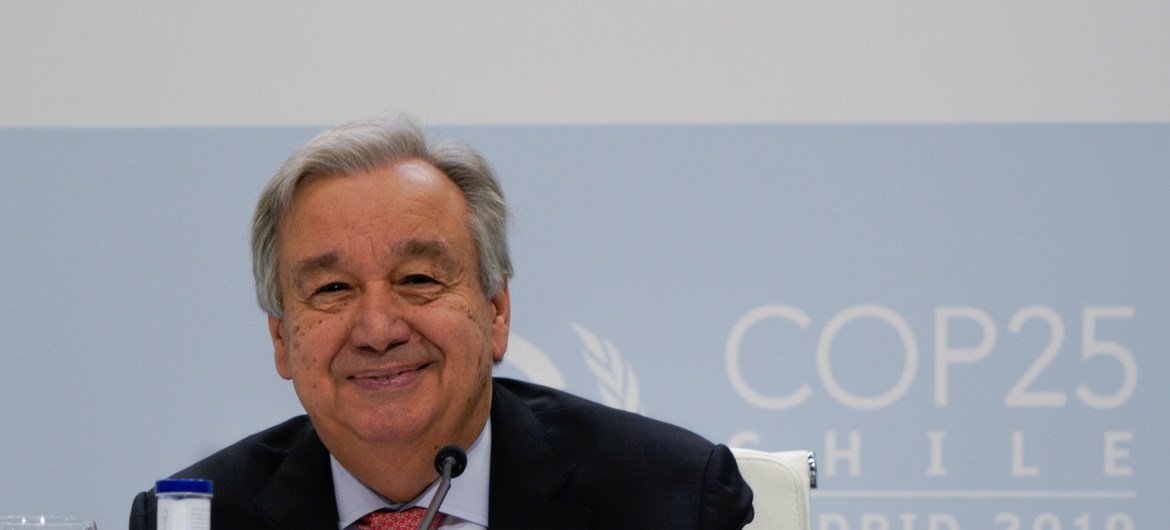 The UN Secretary-General makes remarks at a pre-COP25 UN climate change conference press conference in Madrid on 1 December, 2019. 