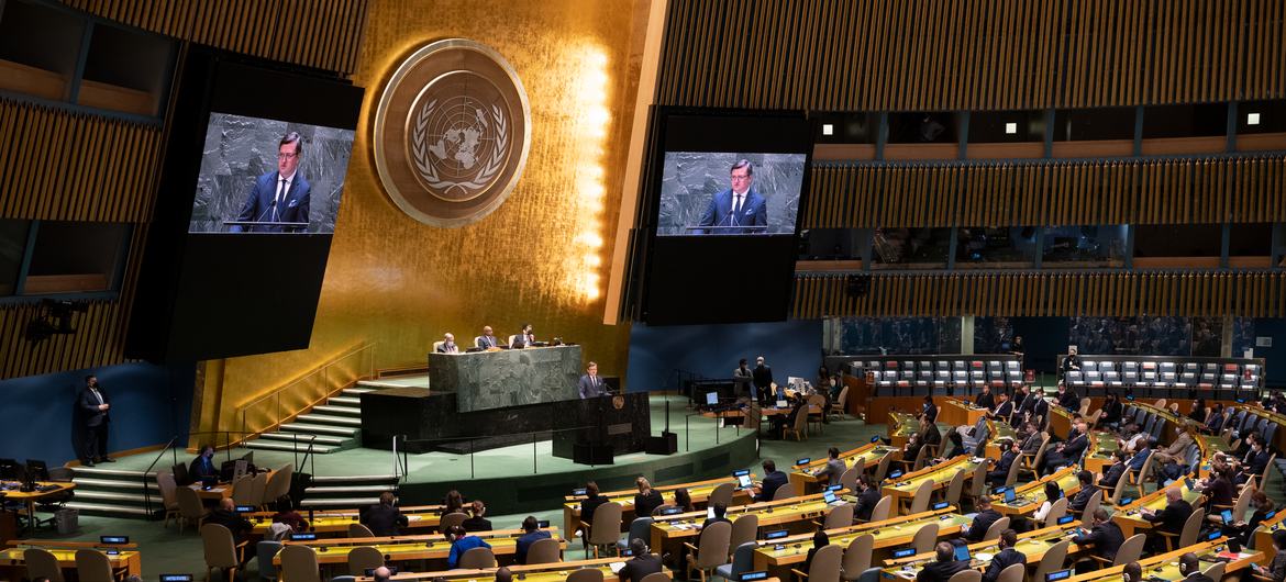 联合国大会就乌克兰暂时被占领土局势举行全体会议。
