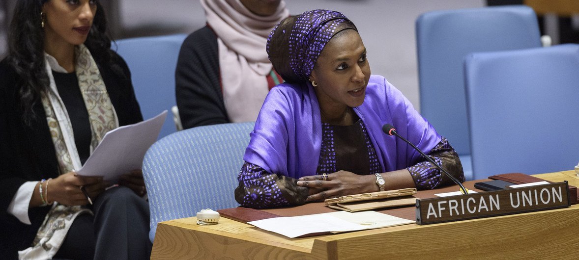 سفيرة الاتحاد الأفريقي لدى الأمم المتحدة، السيدة فاطمة محمد تتحدث أمام مجلس الأمن الدولي (1 نوفمير/ تشرين الثاني 2019)