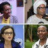 De haut en bas et de gauche à droite : Giovanie Biha (Burundi), Représentante spéciale adjointe pour l'Afrique de l'Ouest et le Sahel  (UNOWAS) ; Diene Keita (Guinée), Directrice exécutive adjointe en charge des programmes à UNFPA ; Najat Rochdi (Maroc), Coordonnatrice spéciale adjointe pour le Liban (UNSCOL) ; et Elizabeth Maruma Mrema (Tanzanie), Secrétaire exécutive de la Convention sur la diversité biologique (CBD)