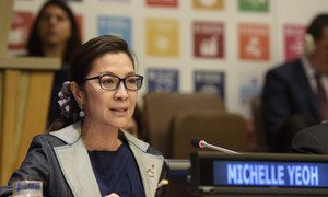 Michelle Yeoh, Goodwill Ambassador for the United Nations Development Programme (UNDP), addresses the high-level General Assembly plenary meeting on peacebuilding and sustaining peace