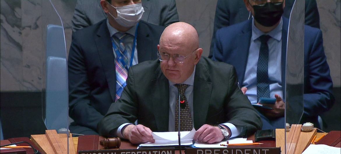 Embaixador Vassily Nebenzia da Rússia discursa no Conselho de Segurança da ONU