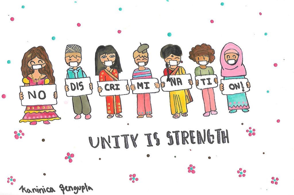 来自印度的12岁女孩卡尼妮卡绘制的画作，呼吁杜绝歧视，团结抗疫。