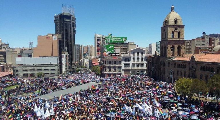 Citizens rally at the Plaza San Francisco in La Paz, Bolivia last November during a wave of popular protests following the last national election.