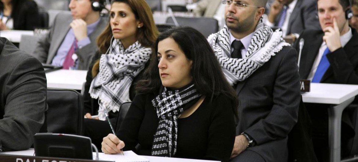Membres de la délégation palestinienne lors d'une réunion spéciale à l'occasion de la Journée internationale de solidarité avec le peuple palestinien.