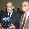 Mohammed ElBaradei and Hans Blix speak to the press