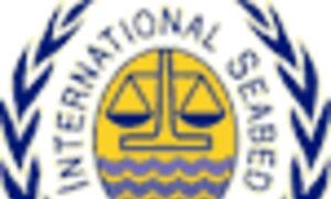 International Seabed Authority logo featuring a globe with scales of justice and an anchor, encircled by a laurel wreath.