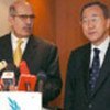 Ban Ki-moon (R) and ElBaradei brief the media