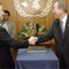 Ban Ki-moon (R) welcomes Kiyotaka Akasaka