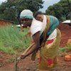 Refugee woman takes part in construction work at a settlement in Tanzania