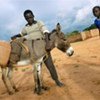 Two children use a donkey to collect water at Riyad IDP camp