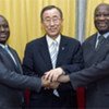 Secretary-General Ban Ki-moon with Prime Minister Guillaume Soro (Left) and  President Laurent Gbagbo