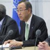 Secretary General Ban Ki-moon  with members of the CEB at press conference