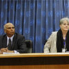 Aslam Chaudhry and Kathleen Abdalla at a press conference