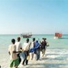 Des personnes espérant traverser le golfe d'Aden attendent de monter à bord d'un bateau sur la côte somalienne.