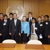 Secretary-General Ban Ki-mon (fifth from left) and Mrs. Yoo Soon-taek with participants to the Model UN Conference