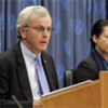 John Holmes, Under-Secretary-General for Humanitarian Affairs speaks to reporters