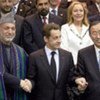 Secretary-General Ban Ki-moon (R) with Presidents Nicolas Sarkozy (C) and Hamid Karzai