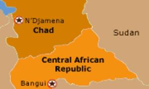 A map showing the countries of Chad and the Central African Republic in Africa, with their capitals marked.