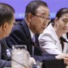 Secretary-General Ban Ki-moon (C), Assembly President Srgjan Kerim, and Ingrid Betancourt at symposium