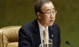 UN Secretary-General Ban Ki-moon speaks at a podium during a UN Security Council meeting in New York.