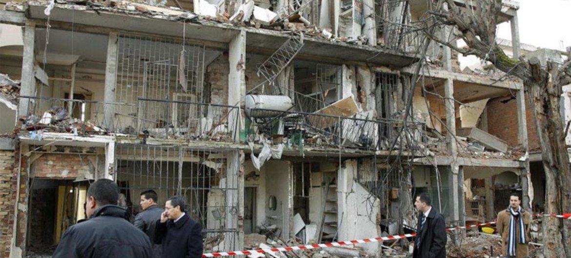 A building damaged by the 11 December 2007 terrorist attack across the street from the UN Headquarters complex in Algiers. The bombing claimed the lives of 17 United Nations workers.