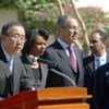 Le Secrétaire général de l'ONU Ban Ki-moon à une conférence de presse lors d'une réunion du Quatuor pour le Moyen-Orient à Charm el-cheikh le 9 novembre 2008.
