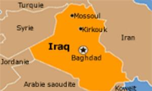 Carte politique de l'Irak, mettant en évidence la capitale Bagdad et d'autres grandes villes comme Mossoul et Kirkouk, avec les pays voisins indiqués.