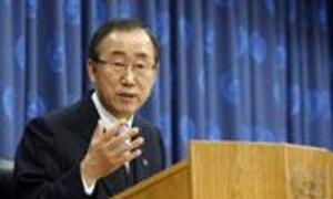 UN Secretary-General Ban Ki-moon speaks at a podium during a press conference.