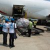 UNHCR tents being unloaded at Colombo's international airport in Sri Lanka