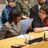 Grace Akallo (left), a former child soldier from Sudan addressing the Security Council on 29 April, 2009