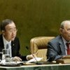 Secretary-General Ban Ki-moon (left) and General Assembly President Miguel D’Escoto