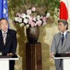 Secretary-General Ban Ki-moon (left) at joint press conference with Foreign Minister Hirofumi Nakasone of Japan