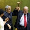 Miguel d'Escoto Brockmann, (right) President for the 63rd General Assembly hands over the gavel to incoming President Ali Treki