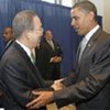 Secretary-General Ban Ki-moon greets US President Barack Obama as he arrives for the Climate Change Summit