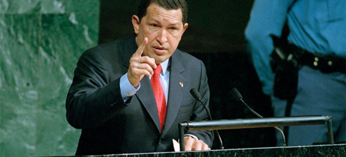 Venezuelan President Hugo Chávez addresses the UN General Assemly in 2001.