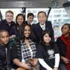 Ban Ki-moon (second row, right) with students inside the Seattle Center Monorail