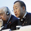 Secretary-General Ban Ki-moon and Special Adviser on migration Peter Sutherland at news conference in Athens